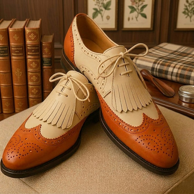 Neu Herren Handgefertigt Zweifarbig Beige & Hellbraun Fransen Budapester Brogues Leder Schuhe