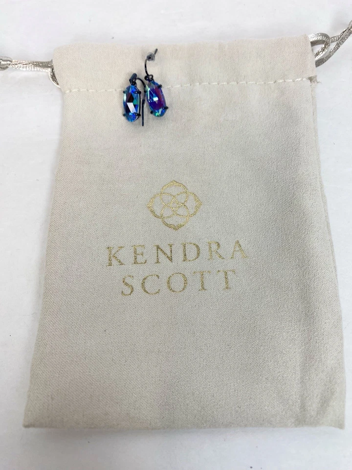 Kendra Scott Lemmi Oval Dangle Drop Earrings Navy Gunmetal Indigo Dichroic Glass - Image 3 of 4