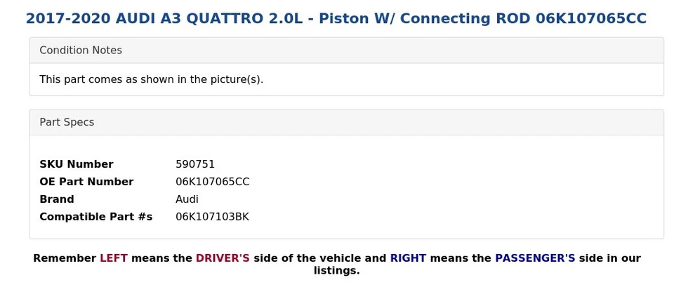 AUDI A3 QUATTRO 2017-2020 2,0 L - pistón con varilla de conexión 06K107065CC Foto 3 de 4