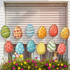 12 Pcs Easter Planter Stakes Decorative, Happy Easter Egg Yard Stakes Signs,