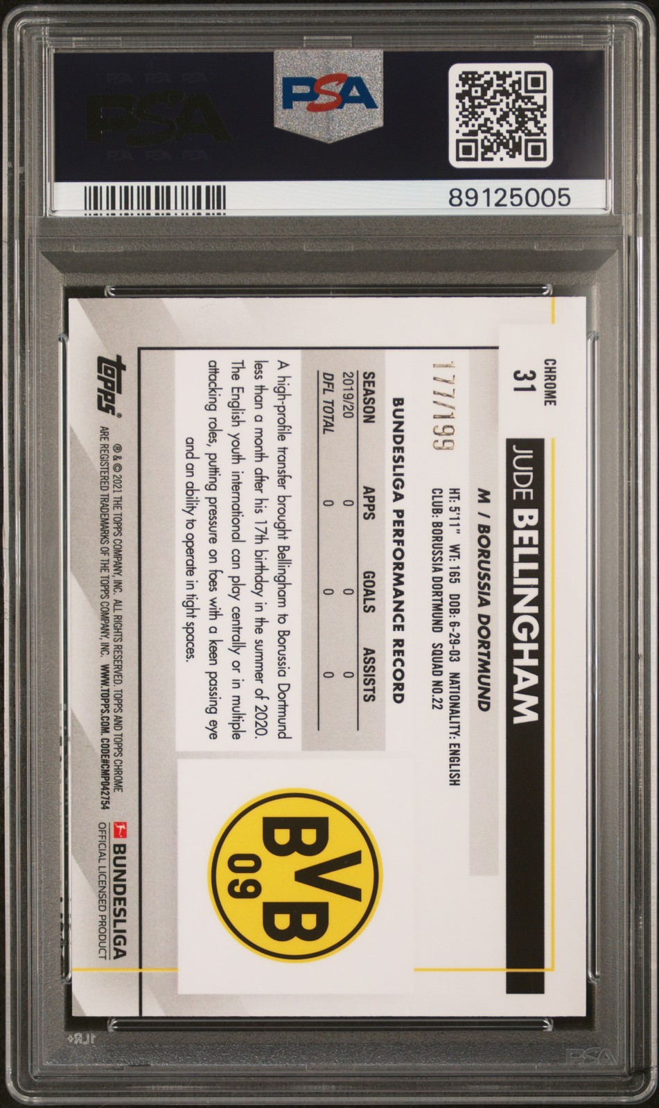 2020 TOPPS CHROME BUNDESLIGA #31 JUDE BELLINGHAM ROOKIE RC 177/199 PSA 10 view 2