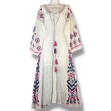 Raj Ivory/Pink Embroidery Geometric Artisanal Maxi Long Sleeve Boho Dress Size L