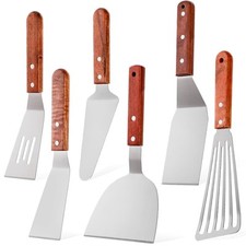 6 Pieces Stainless Steel Spatula Set Metal with Wooden Handle Small Kitchen