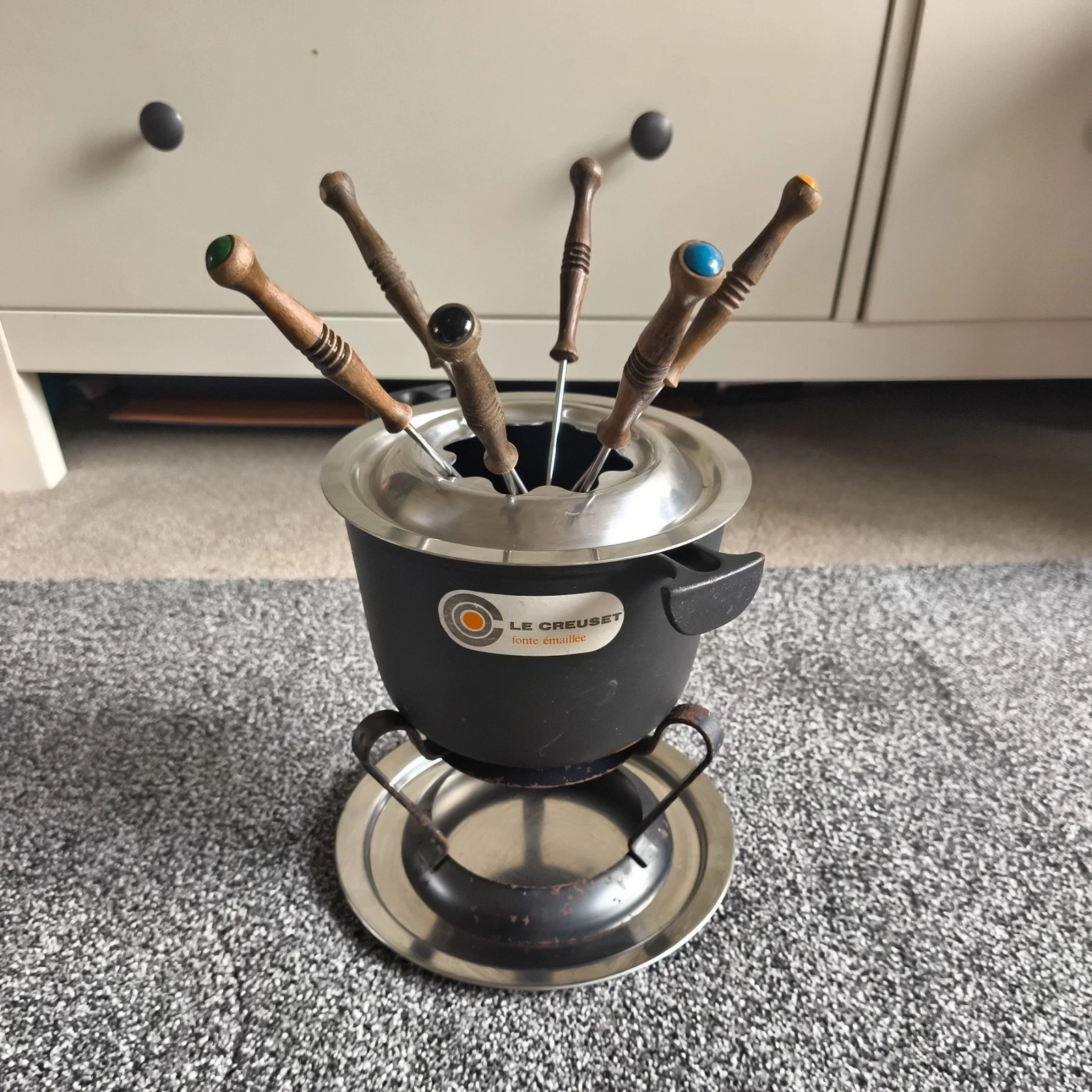 Vintage le Creuset Fondue Set Cast Iron Black Enamel with 6 Forks & Burner