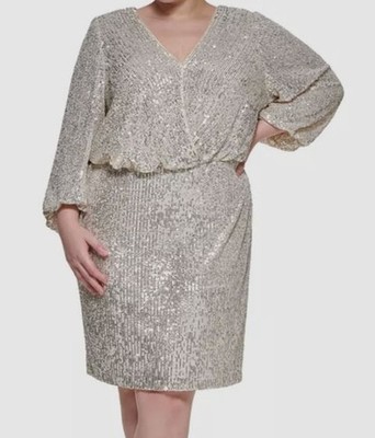 Eliza J Women's Beige/Silver Sequin Lined Bell Sleeve Sheath Dress Plus Size 14W