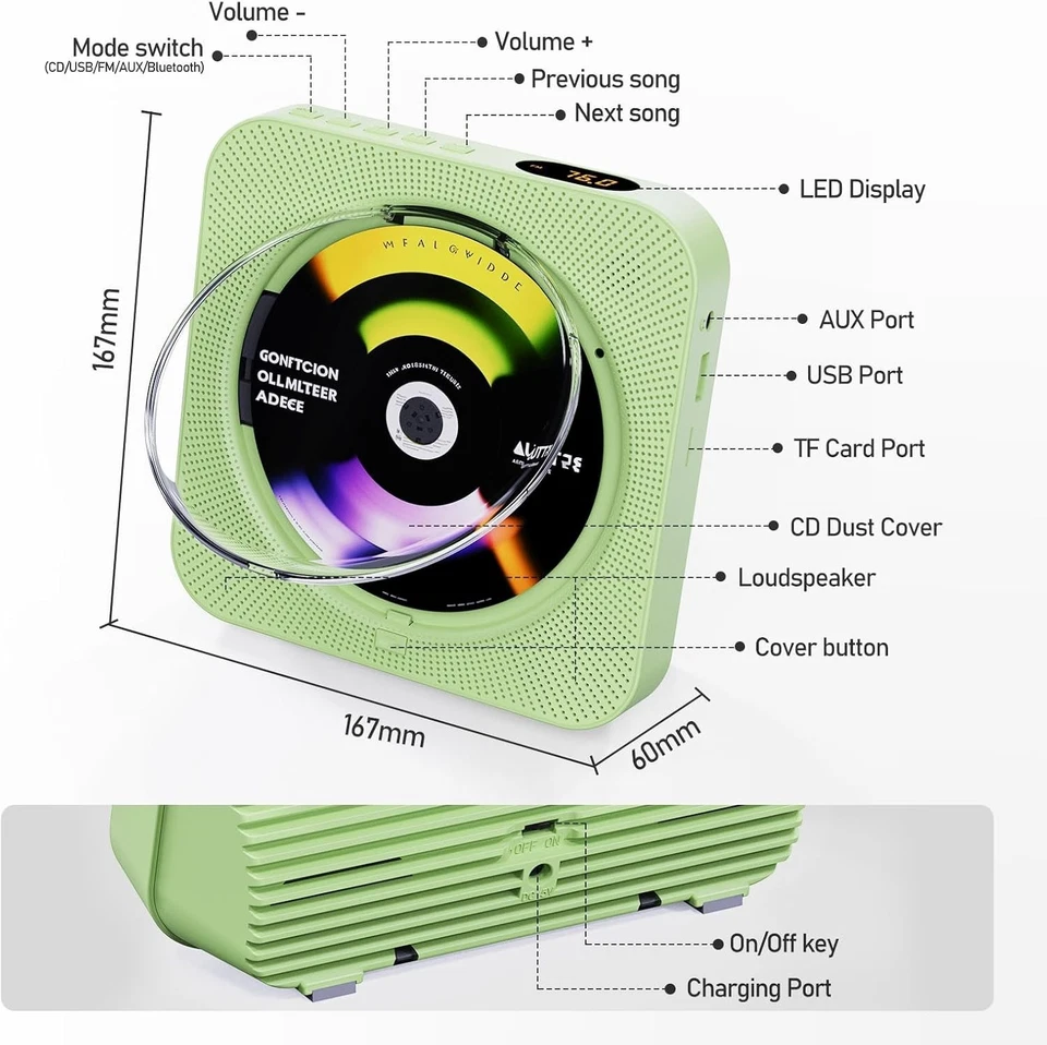 Reproductor de CD Portátil Bluetooth 5.1 Reproductor de CD de Escritorio con Control Remoto, Pantalla LED Foto 3 de 4
