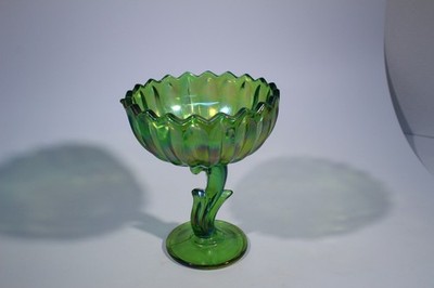 VINTAGE Indiana Carnival Glass-Iridescent Lime Green Lotus Blossom Footed Dish