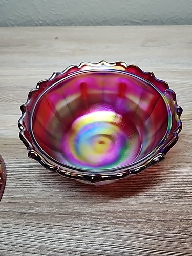 FENTON RUBY RED CARNIVAL IRIDESCENT OGEE 2 Piece CANDY DISH & Lid 7.5"W X 6.5"H - Picture 16 of 16