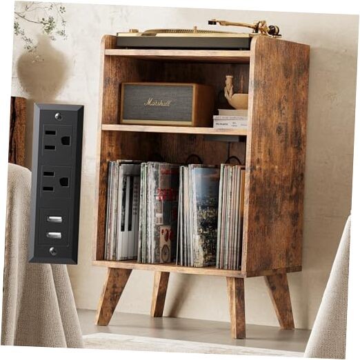 Vintage Rustic Brown Turntable Stand with Vinyl Record Storage-image