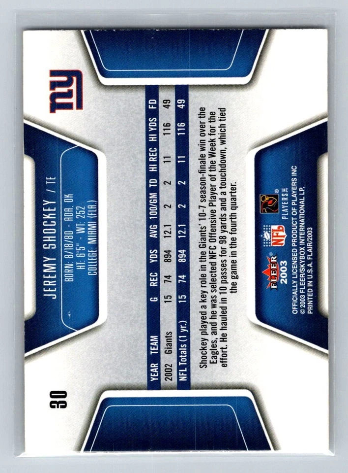 2003 Flair #30 Jeremy Shockey New York Giants Football Card - Image 2 of 2