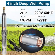 2HP 4" OD Deep Well Submersible Pump 37GPM 427ft MAX 1.25 in NPT 230V 33ft Cord