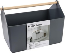 Large Storage Basket Plastic Caddy W/ Wooden Handle Bathroom Pantry/Cleaning
