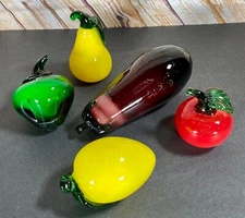Murano-Style Handblown Art Glass Fruit Vegies ~ Lemon Apple Pear Pepper Eggplant