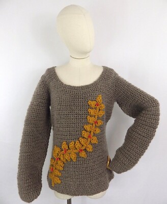 Vintage braun senf kunstvoll rustikal Grobstrick Wolle Handstrick Pullover Pulli S 10