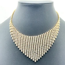 Rhinestone Mesh Bib Necklace Gold Tone Choker Kerchief Collar Glam Bling Holiday