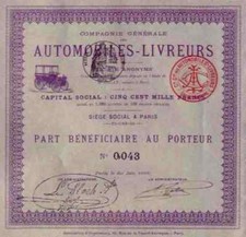 Compagnie Générale des Automobiles Livreurs Paris 1899 Titres Anciens 100 franków