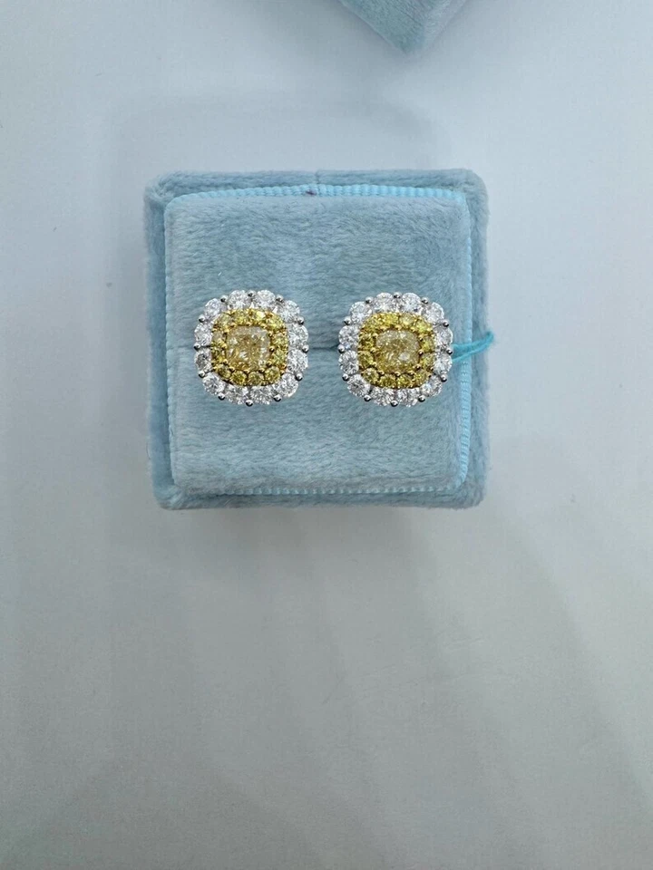 2.20Ct Cushion Cut Natural Citrine Halo Stud Earrings 14K Two-Tone Gold Plated - Image 2 of 4