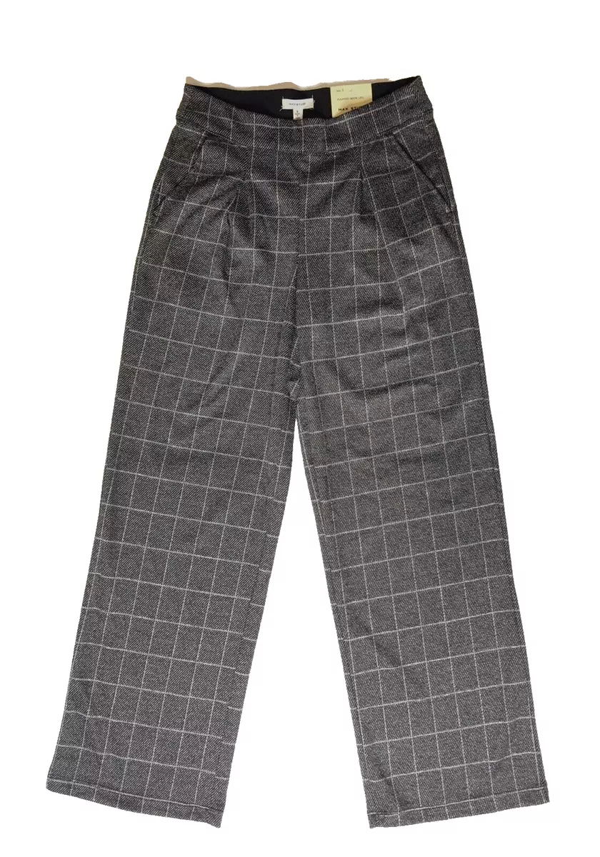 Max Studio Women s Small Pleated Wide Leg Gray Plaid Pants High Rise