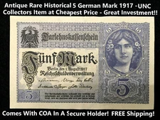 Antique Rare Historical 5 German Marks 1917 - UNC GEM  - 103 Years Old