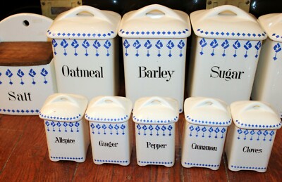 Vintage Kitchen Canister Jar Set Spice German Pottery Blue & White