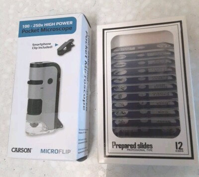Carson Microflip 100-250X High Power Pocket Microscope & 12 Prepared Slides New