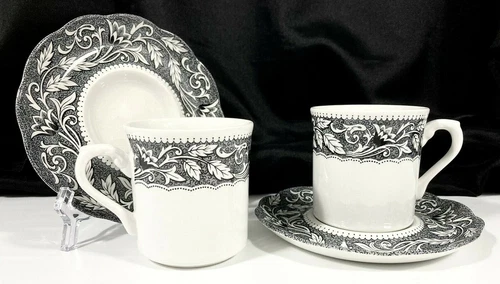 J & G Meakin Sterling England Renaissance BLACK 2 Cups & Saucers Vtg 4 Pc Set