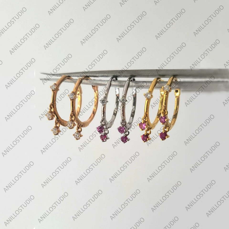 Genuine Ruby & Diamond Drop Hoop Earrings ,14k Yellow Gold Gift For Her Wedding  - Image 4 of 4