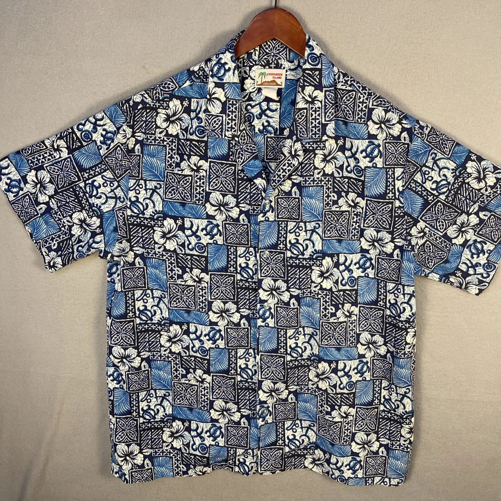 VTG Evergreen Island Hawaiian Shirt Made in Hawaii Blue Tapa Tribal Sz XL Aloha