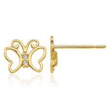14K Solid Yellow Gold CZ Butterfly Stud Earrings