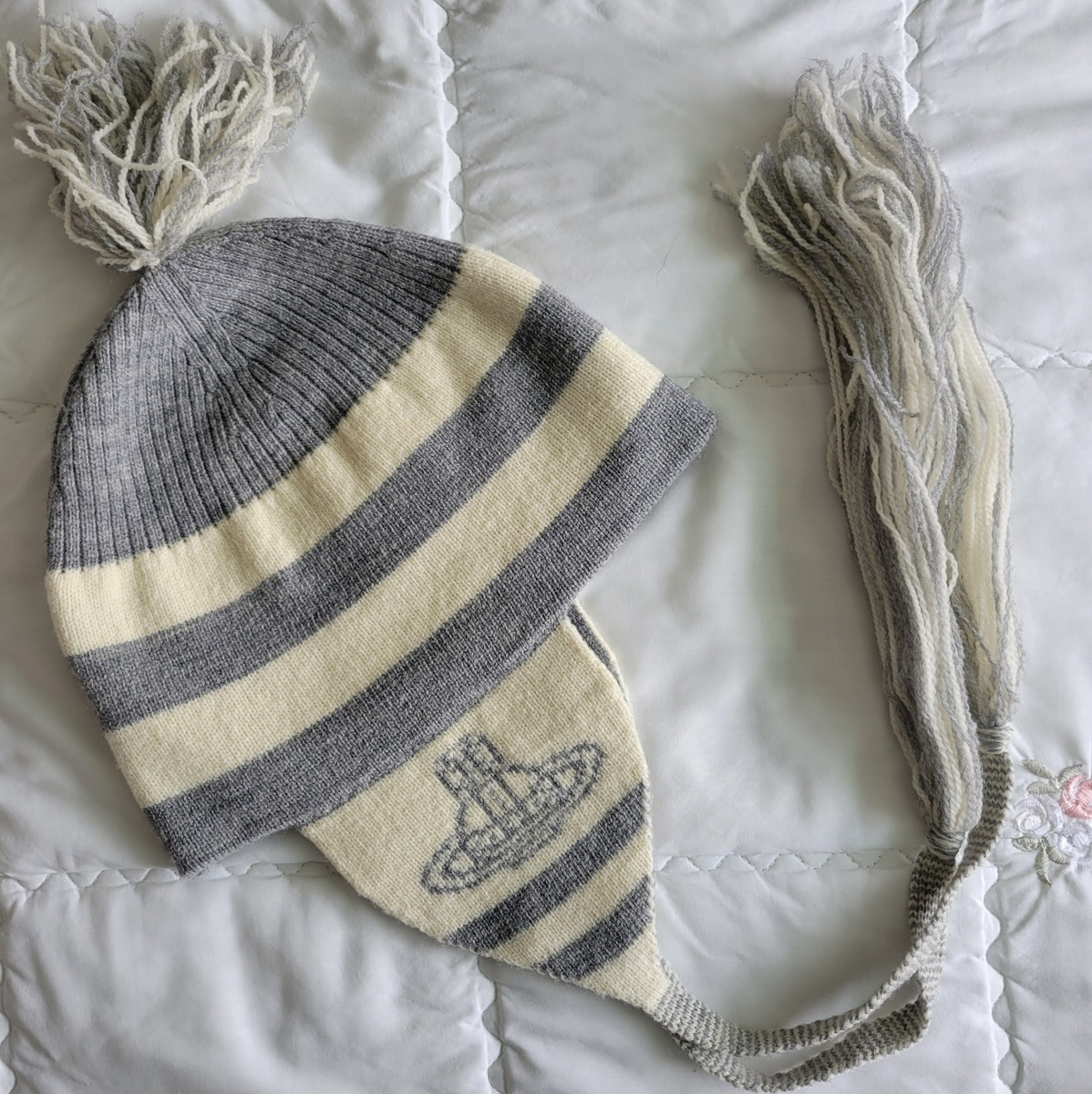 Vivienne Westwood Gray Cream Ear Flap Knit Orb Beanie Hat Shin