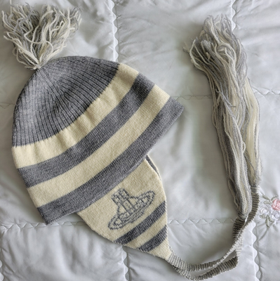 Vivienne Westwood Gray Cream Ear Flap Knit Orb Beanie Hat Shin