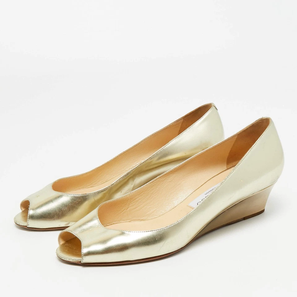 Escarpins compensés bout ouvert Jimmy Choo en cuir doré métallisé 39 - Photo 2/4