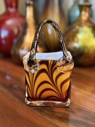 Vintage Murano Style Safari Tiger Strip Art Glass Decor Vase Bag Brown Amber EUC