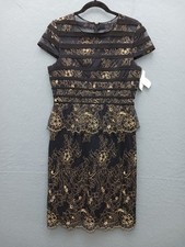 Alex Evenings Women's Sheath Knee Length L Black Floral Short Sleeve Stylish