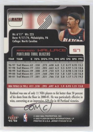 2001-02 Fleer Focus Jersey Edition Rasheed Wallace #57 - Picture 2 of 4