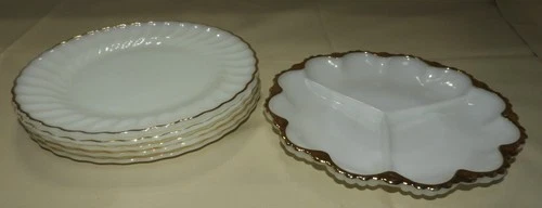 6) Anchor Hocking Fire King Milk Glass Divided Relish Tray & 5 Plates, Gold Trim