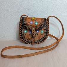Vintage Mexican Hand Tooled Leather Floral Mini Crossbody Bag Boho Folk Art CY
