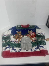 33 Degrees Christmas Sweater Mens Medium Blue Green Reindeer Party Funny