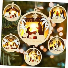 6 Pcs LED Nativity Scene Wooden Ornament 3D Christmas Religious Ornaments Round