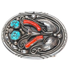 Vintage EL Navajo sterling silver, turquoise, branch coral Feather belt buckle