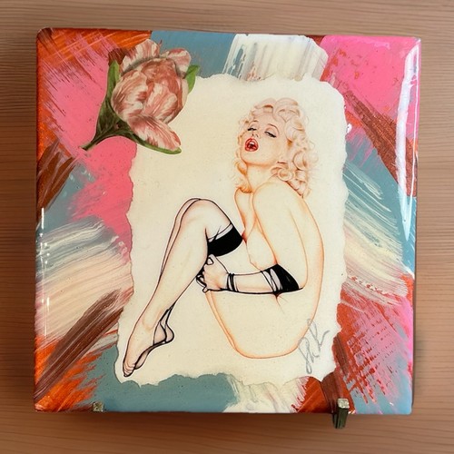 Pinup Girl Hand Painted Glazed Art Tile 4 1/8 Shu Shu Home Custom Series SIGNED 