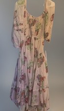 Free People Peachy Pink Rose Floral Tea Length Dress Small/ Med Smocked Sleeves