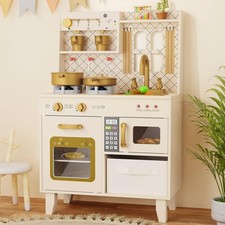 Play Kitchen with Realistic Lights Sounds, Wooden Kitchen Playset Chef Pret...