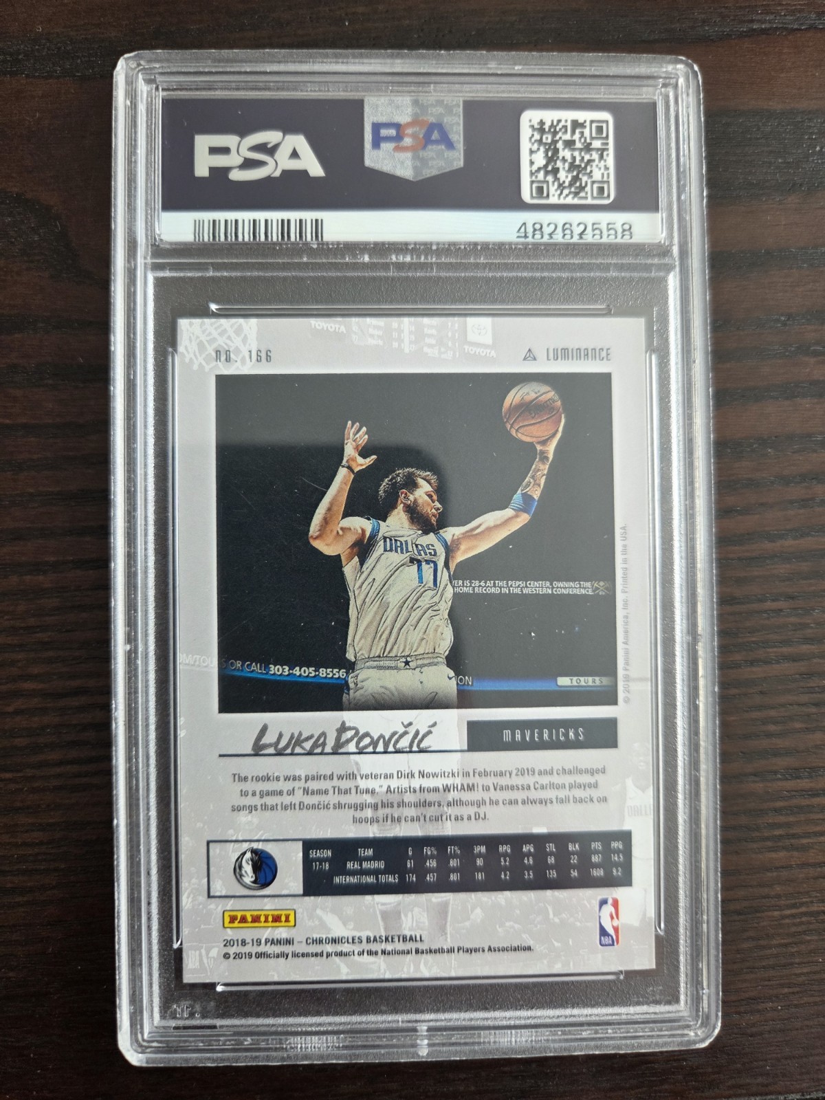 Luka Doncic 2018-19 Panini Chronicles #166 Luminance Rookie PSA 9 Mint Mavericks view 2