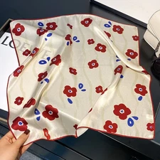 100% Pure Silk 21" Square Scarf Women Neckerchief Wrap Kerchief White Red Flower