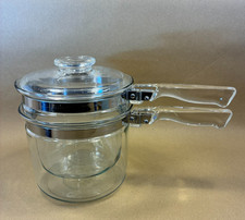 Vintage Pyrex Flameware Double Boiler 1.5Qt (1.4ltr) Glass Saucepan Set Lid USA