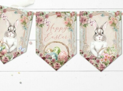 Easter Bunny Bunting Vintage Floral Style Easter Party Garland Banner Decoration