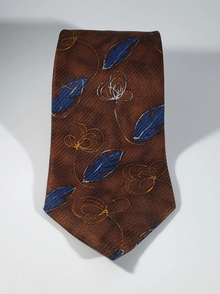 Corbata para hombre Ermenegildo Zegna marrón, estampado de hojas azules rayas texturizadas seda 3,75” W Foto 3 de 4