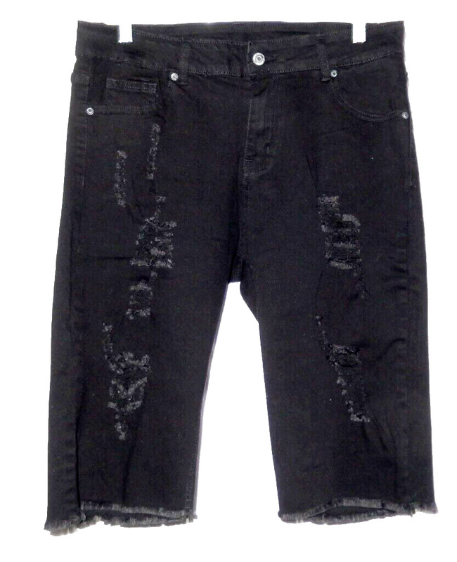 Metietila COMFY Stretch Denim Distressed Bermuda Shorts w cut off hems-L, black