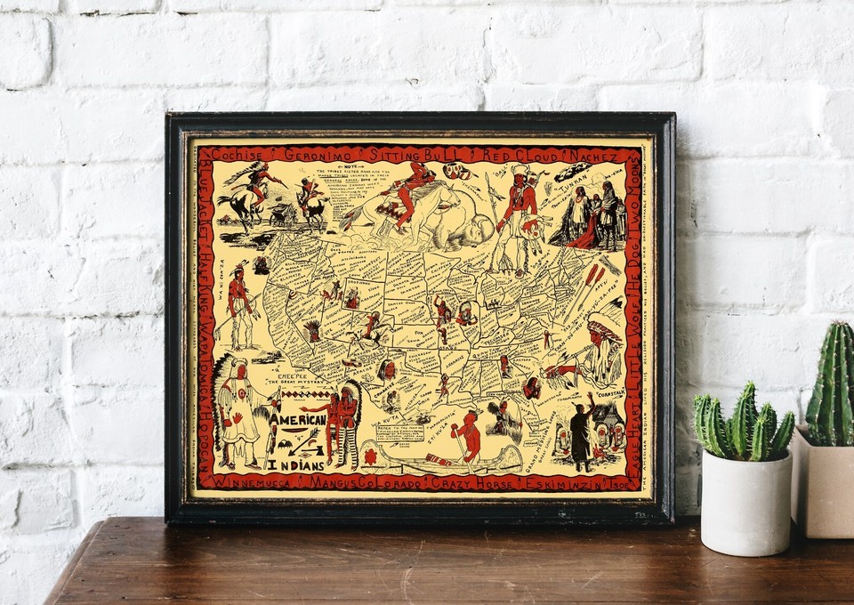 Pictorial Map of Native American Indian Tribes Wall Art Poster Print ...